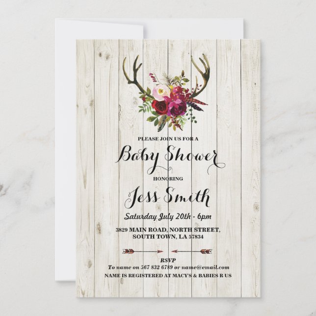 Babyskor Rustic Antler Blommigt Wood Party Inbjuda Inbjudningar (Framsida)