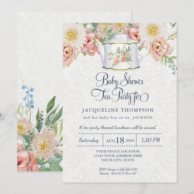 Babyskor Tea Party Dusty Blue  Rosa Tekanna Inbjudningar (Fram/baksida)