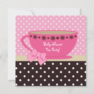 Babyskor Tea Party Rosa och Brown Polka dots Inbjudningar