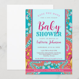 Babyskor ・ Teal Blue & Rosa Modern Abstrakt Inbjudningar