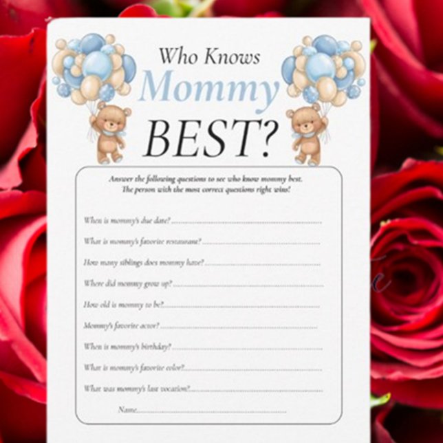 Babyskor, toniga ballonger Blue Vem känner Mamma Inbjudningar (Celebrate your baby shower with adorable blue teddy bear decor and fun Mommy or Daddy games. )