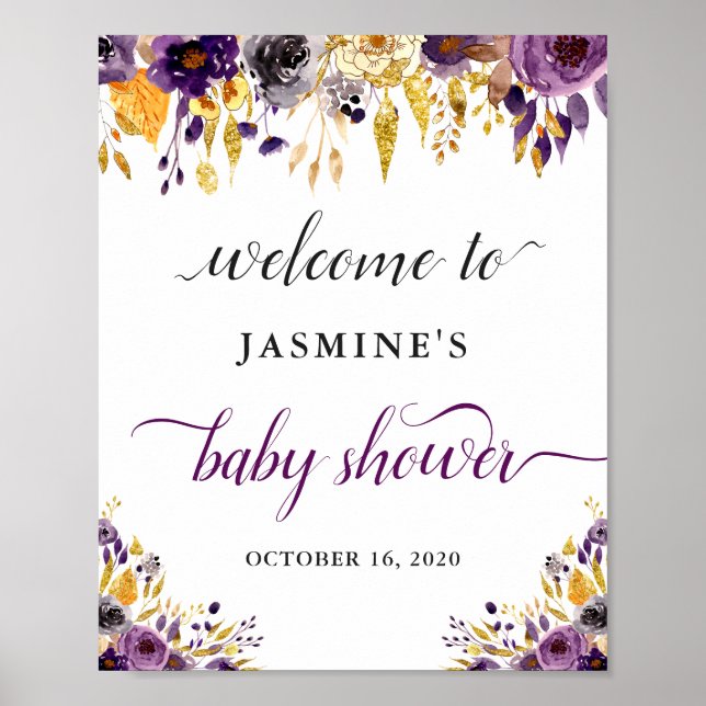 Babyskylt för modern Chic Lila Guld Blommigt  Show Poster (Framsidan)