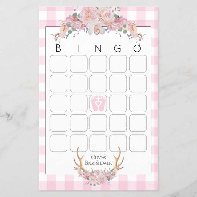Babyspelsspel Bingo BOHO Baby Shower Rosa Flygblad (Framsidan)
