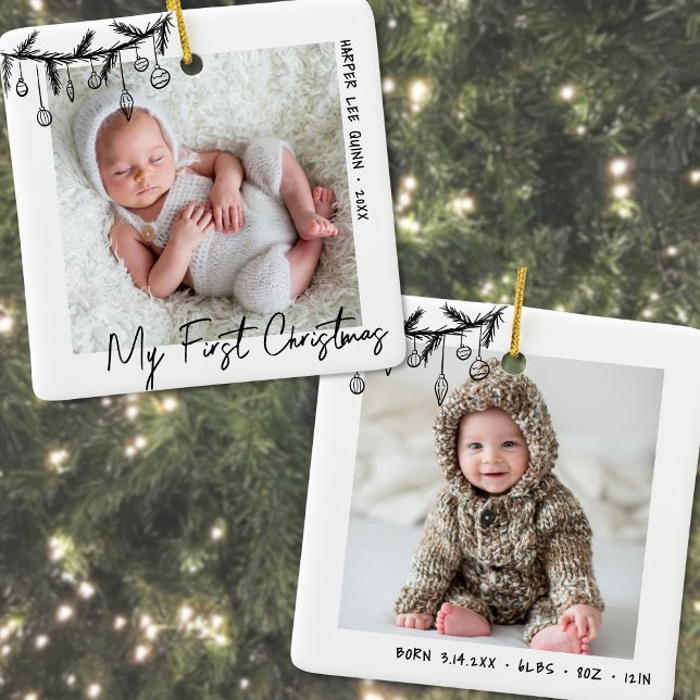 Babystatistik Min Första Jul Foto Julgransprydnad Keramik (Baby Black White My First Christmas Photo Ceramic Ornament)