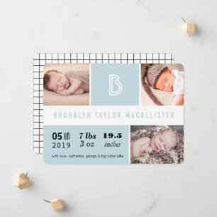 Babystatistik Monogram Blå Färgblock Foto Födelse Meddelande