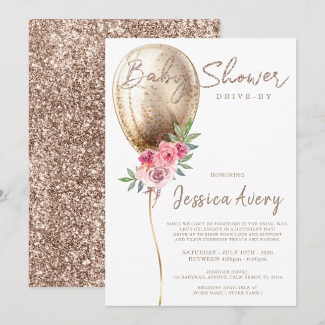 Babystölder i Luxury Beige Balloon Glitter Inbjudningar (Fram/baksida)