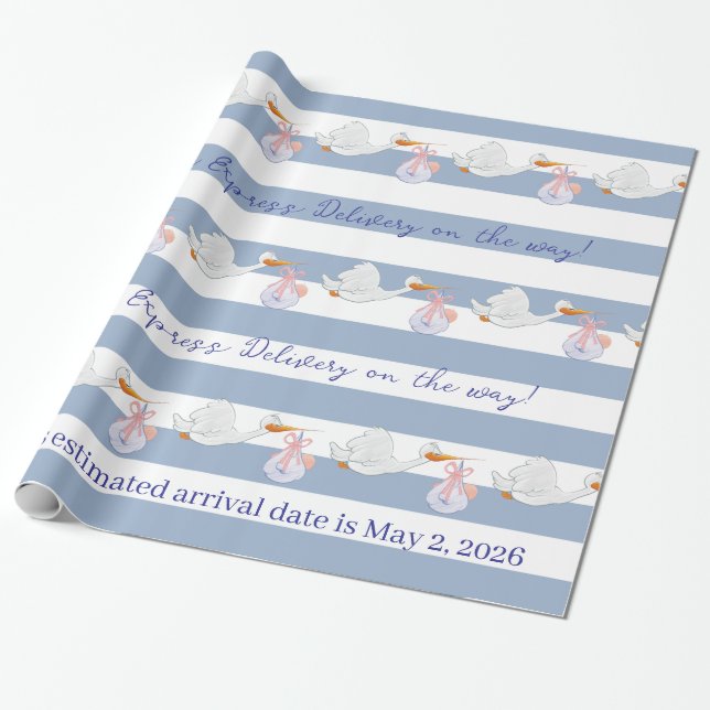 Babystork Inpackningspapper Blå & Vit Rand  Presentpapper (Utrullad)