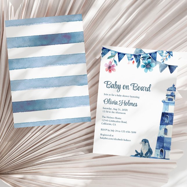 Babystövel för Baby ombord på cute-flottan Inbjudningar (Cute Navy "Baby on Board" Baby Shower Invitation on a sunny neutral dry palm leaf.)