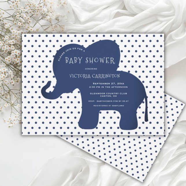 Babystövel för Cute Navy Blue Elephant Polkadot Ba Inbjudningar (Skapare uppladdad)