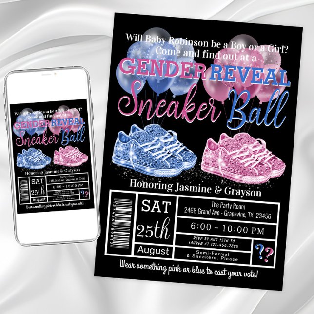 Babystrumpor Sneaker Boll Könsuppenbarelse Inbjudningar (Cute sneaker gender reveal invitation. Instant download and printed invitations available.)