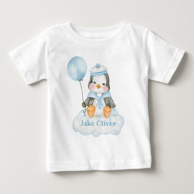 Babytecknad pingvin blå t shirt (Framsida)