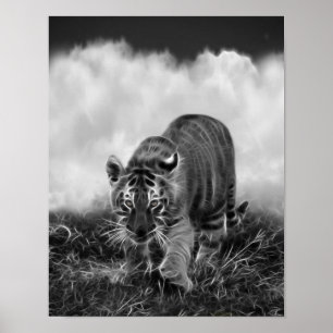 Babytiger som förföljer i svartvitt poster