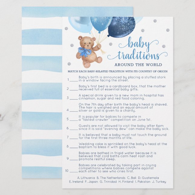 Babytraditioner Spel Baby Shower Teddybjörn (Fram/baksida)