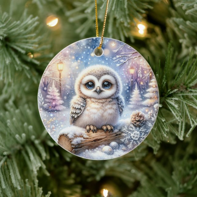 Babyuggla i snöljus julgransprydnad keramik (Träd)