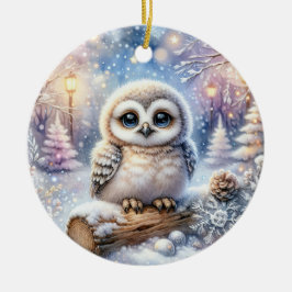 Babyuggla i snöljus julgransprydnad keramik
