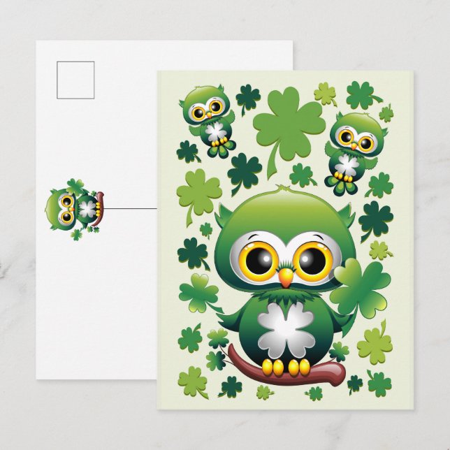 Babyuggla Söt St Patrick Tecknad Film Inbjudan Vykort (Fram/baksida)