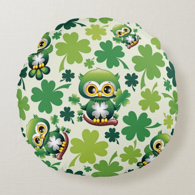 Babyuggla Söt St Patrick Tecknad Film Rund Kudde (Framsidan)