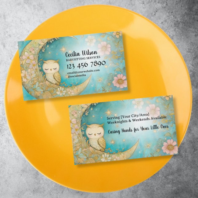Babyvbarnstjänst, Babysit, Nanny, barnomsorg Visitkort (cute little owl babysitter business card, pastel blue)