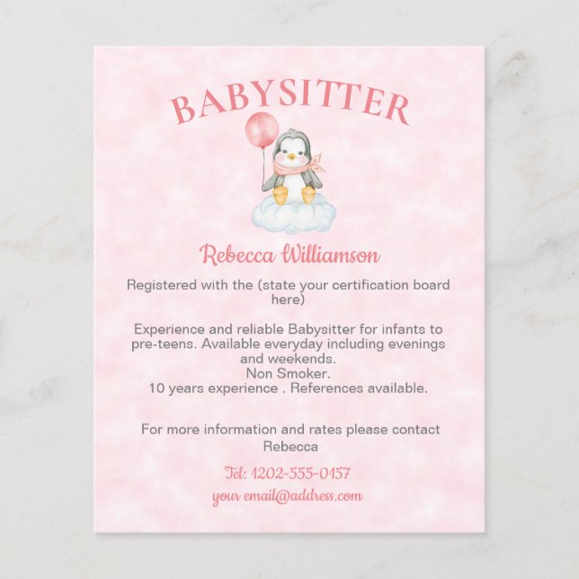 Babyvvakt Nanny Cute Penguin Business Flygblad (Framsidan)