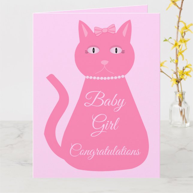 Babyvykort för söt Rosa Cat Anpassningsbar Flicka  Kort (Gul blomma)