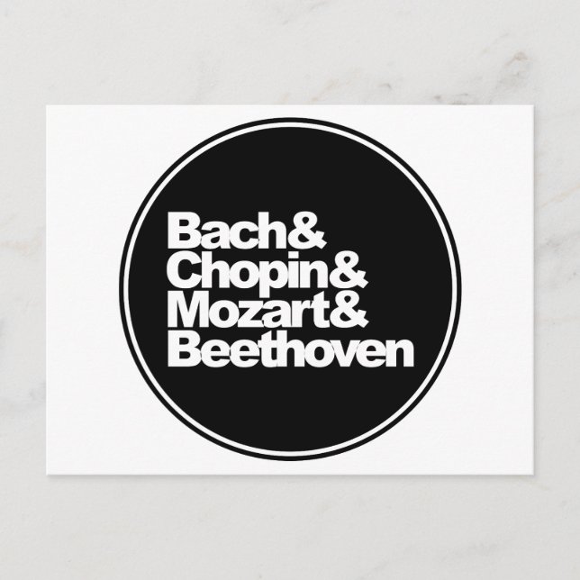 Bach, Chopin, Mozart och Beethoven Vykort (Framsida)