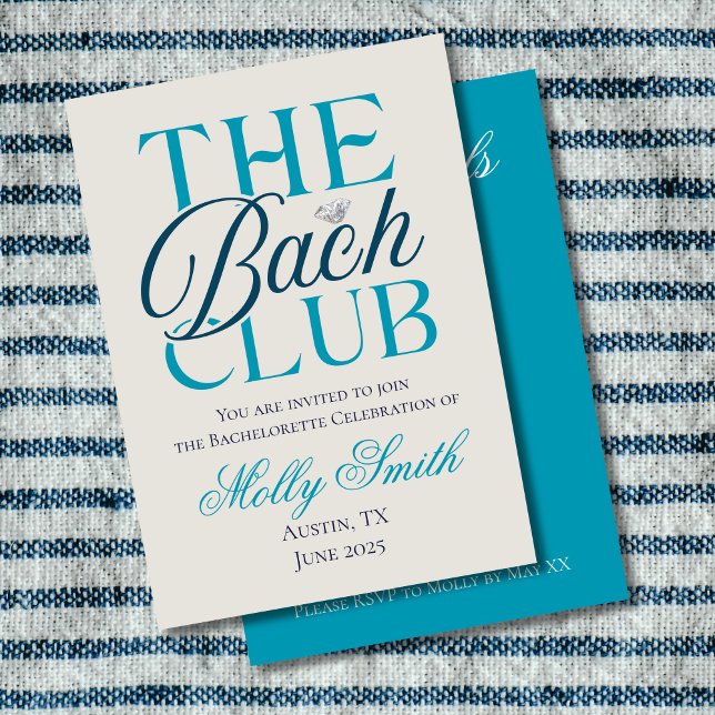Bach Club Modern Enkel Blå Sängkammarweekend Inbjudningar (The Bach Club invite with modern serif font – perfect for engagement or bridal celebrations!)