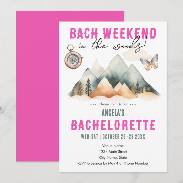 Bach i Skogen Camping Bachelorette Party Inbjudningar (Fram/baksida)