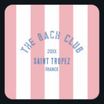 Bach Klubb Blue Vapensköld Rosa Cabana Rand Fyrkantigt Klistermärke<br><div class="desc">Bach-Klubben pappra underlägg är perfekt för ditt klubb på stranden. Rosa cabana rand med blå vapensköld för nödlidande anpassningsbar bach klubb. Anpassa med information om din bachelorette... år, strand och destination. Perfekt för ditt mål är att stödja bachelorette eller klubb på strand. Matchningstillbehör finns i Bach Klubb Cabana Rand Collection....</div>