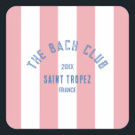 Bach Klubb Blue Vapensköld Rosa Cabana Rand Fyrkantigt Klistermärke<br><div class="desc">Bach-Klubben pappra underlägg är perfekt för ditt klubb på stranden. Rosa cabana rand med blå vapensköld för nödlidande anpassningsbar bach klubb. Anpassa med information om din bachelorette... år, strand och destination. Perfekt för ditt mål är att stödja bachelorette eller klubb på strand. Matchningstillbehör finns i Bach Klubb Cabana Rand Collection....</div>