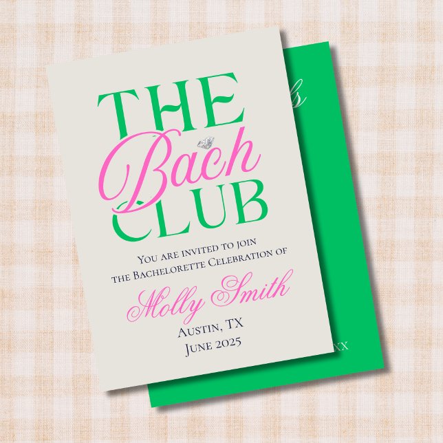 Bach Klubb Modern Simple Rosa Grönt Bachelorette Inbjudningar (The Bach Club invite with modern serif font – perfect for engagement or bridal celebrations!)