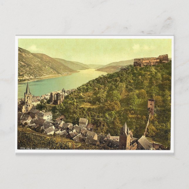 Bacharach and ruins of Stahleck, the Rhine, German Vykort (Framsida)