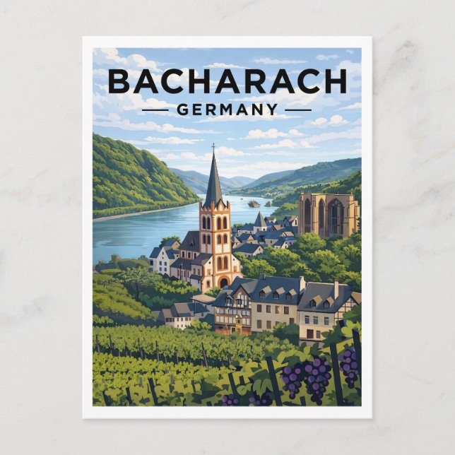 Bacharach Germany Vintage Travel Art Postcard Vykort (Framsida)