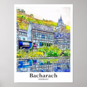 Bacharach Tyskland Art Travel Watercolor Hand ploc Poster