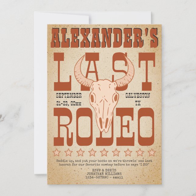 Bachelor Last RODEO Western Cowboy Texas Äventyr Inbjudningar (Framsida)