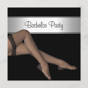 Bachelor Party Black Silver Girl Fishnet Stockings Inbjudningar
