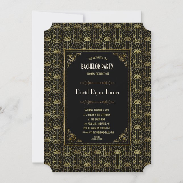 Bachelor Party | Guld Black 1920-talets Art Deco Inbjudningar (Framsida)