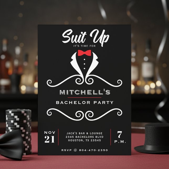Bachelor Party Tuxedo Suit Bowtie Black & Red Inbjudningar (Bachelor Party Tuxedo Suit Bowtie Black & Red Invitation
)