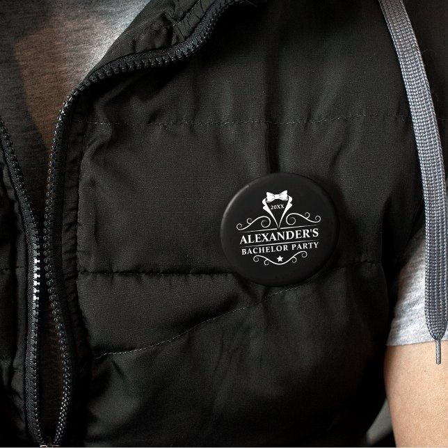 Bachelor Party Tuxedo Tie Black Knapp (Customize to change background color, text size or text style.)