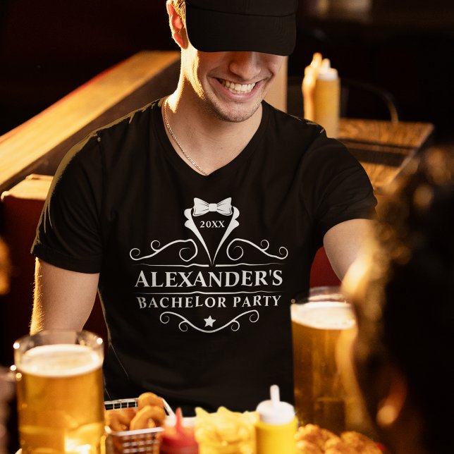 Bachelor Party Tuxedo Tie Namn T Shirt (Customize to change text size. Choose from a variety of shirt colors and styles.)