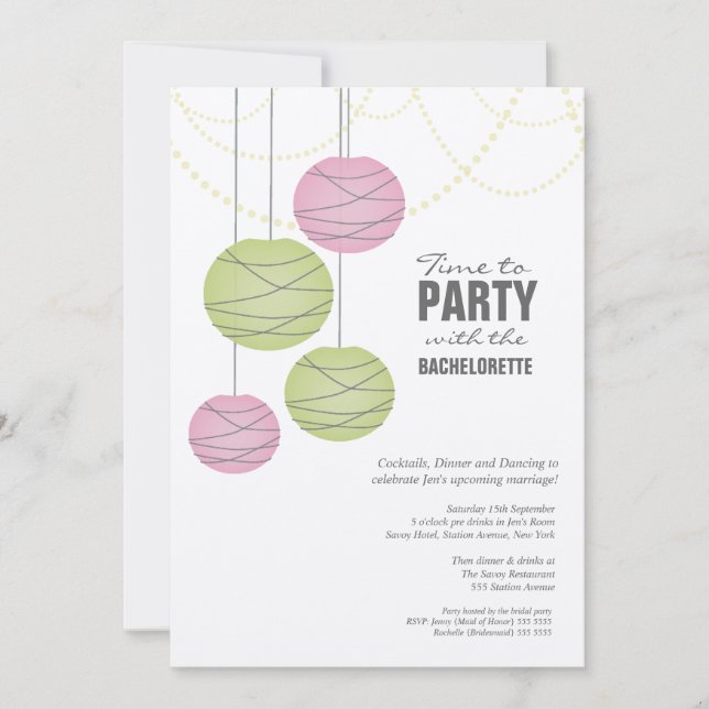 Bachelorette 5x7 Party Rosa Grönt Papprare Lantern Inbjudningar (Framsida)