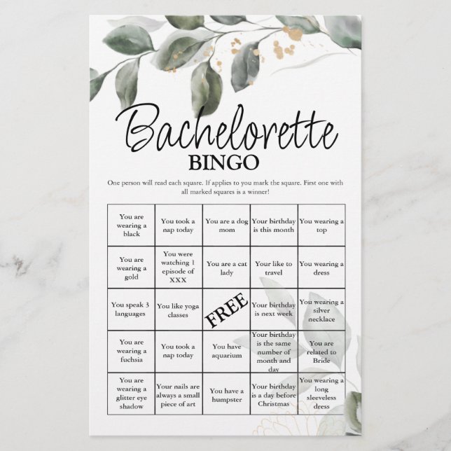 Bachelorette Bingo greenery Möhippa Game (Framsida)