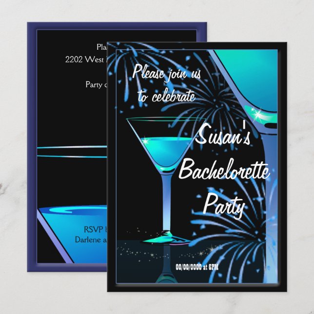 Bachelorette Blue Martini Cocktail Party Inbjudningar (Fram/baksida)
