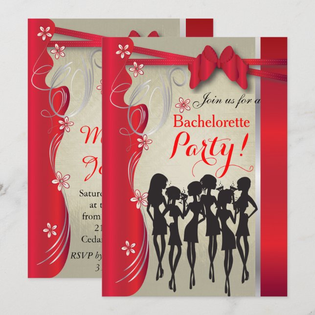 Bachelorette Brudens sida - Deep Red Inbjudningar (Fram/baksida)