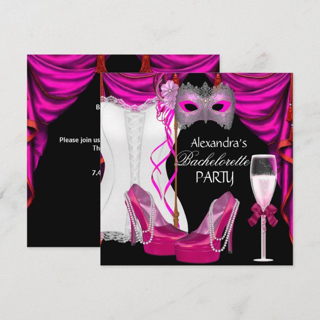 Bachelorette Corset Rosa MasqueraChampagne Inbjudningar (Fram/baksida)