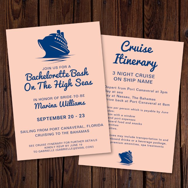 Bachelorette Cruise Frakt Navy and Peach Itinerary Inbjudningar (Bachelorette cruise invitation with itinerary. In a navy and peach color palette. )