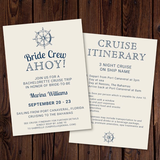 Bachelorette Cruise Resa Bride Crew Ahoy Itinerary Inbjudningar (Bride crew ahoy! Bachelorette cruise trip invitation on a dark wooden background. )