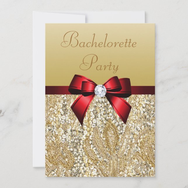 Bachelorette Faux Guld Sequins Royal Red Bow Inbjudningar (Framsida)