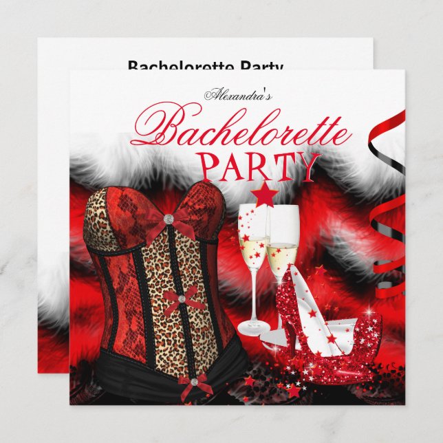 Bachelorette Feather Red Corset Champagne Heels Inbjudningar (Fram/baksida)