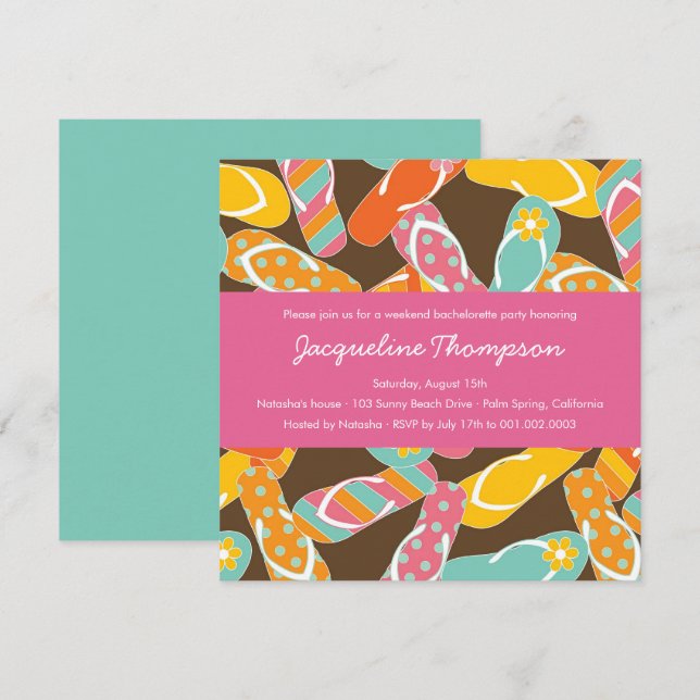 Bachelorette för färgrik flinflip flops för sommar inbjudningar (Fram/baksida)