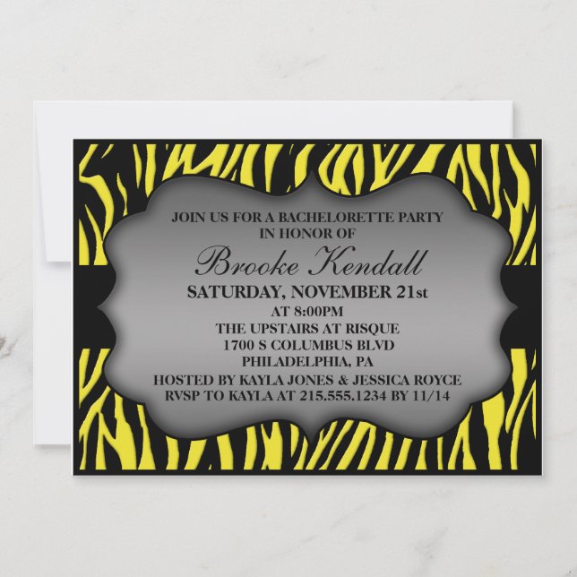 Bachelorette för sebra för natt för neoncitronvild inbjudningar (Framsida)